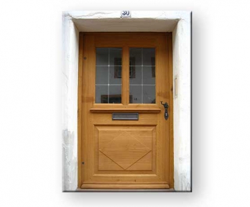 Traditionelle Eichentür Neuanfertigung mit Antik-Glas und geschmiedete Beschläge Aussenansicht