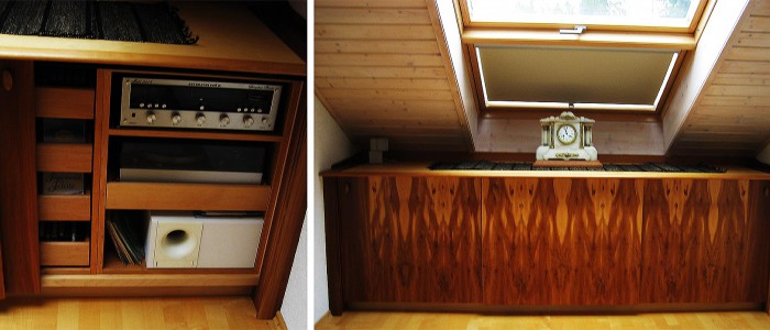 Zur Galerie Einbauten Einbaumöbel, kanadisches Nussbaum-Furnier, massiv Ahorn, unter Dachschräge