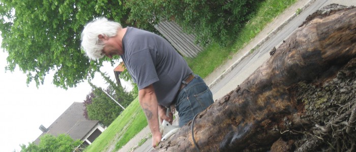 Zur Galerie Objekte und Skulpturen Charly Walter bei der Vorfertigung eines Birnbaum-Rundholzes für eine Skulptur
